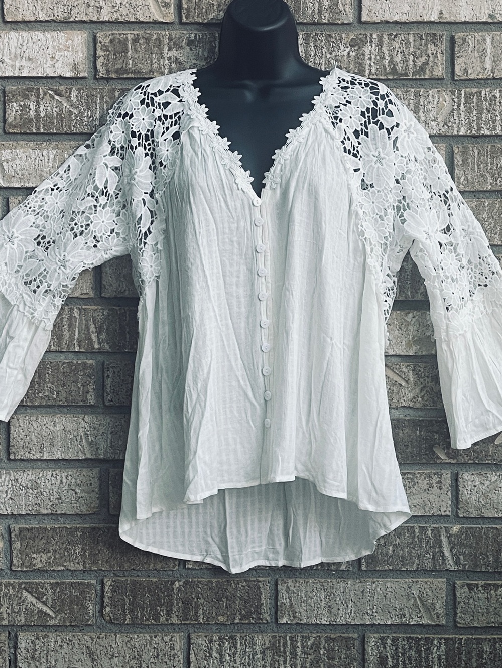 White Crochet Floral Lace Boho Peasant Bell Sleeve Cottagecore Blouse Women’s M